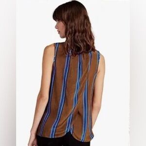 Lucky Brand | Silk Sleeveless Striped Cross-Over Tunic/Tank/Top M | Blue/Brown